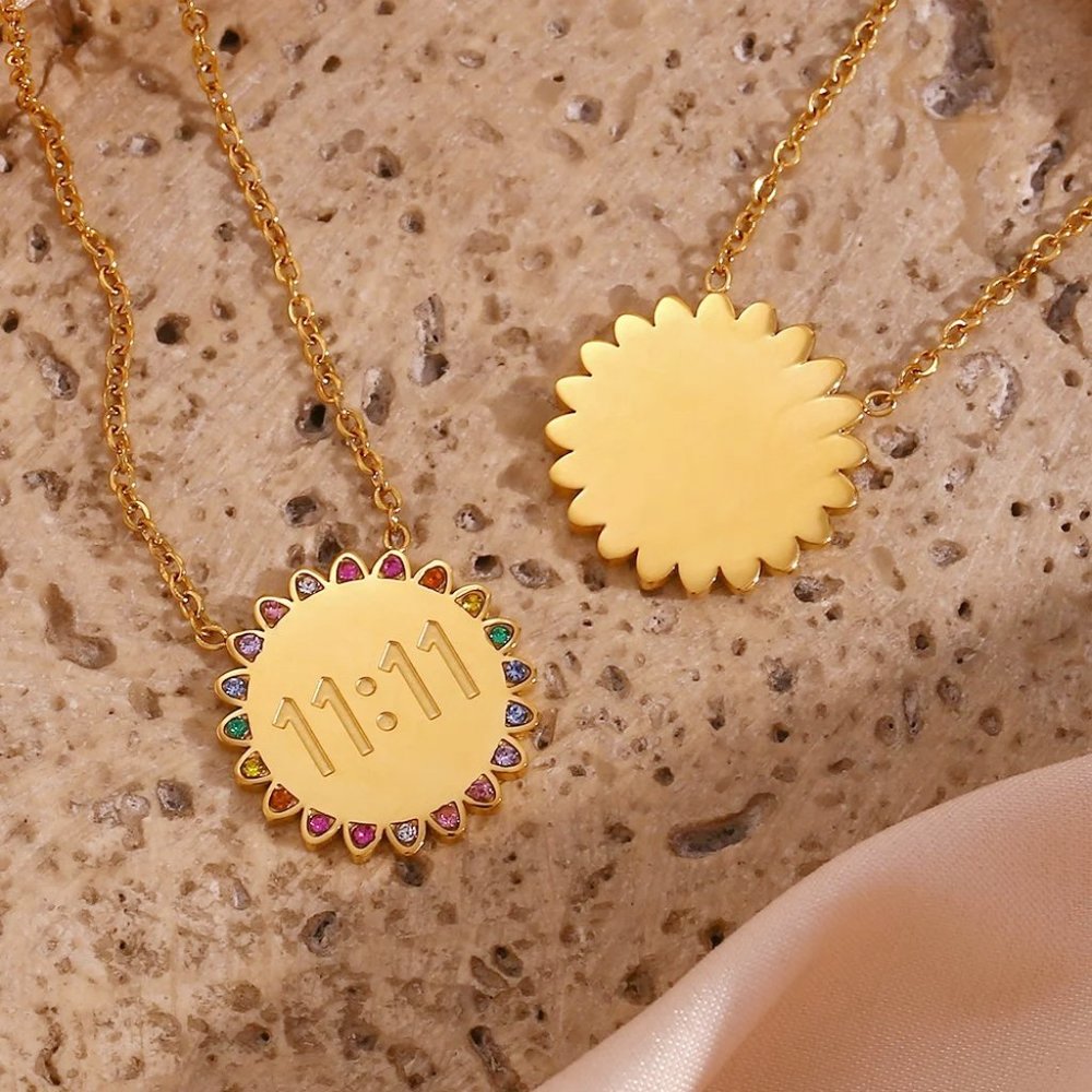 1111 Sun Flower Angel Number Pendant Multi Color Zircon Necklace 18K Gold - Picture 4 of 7